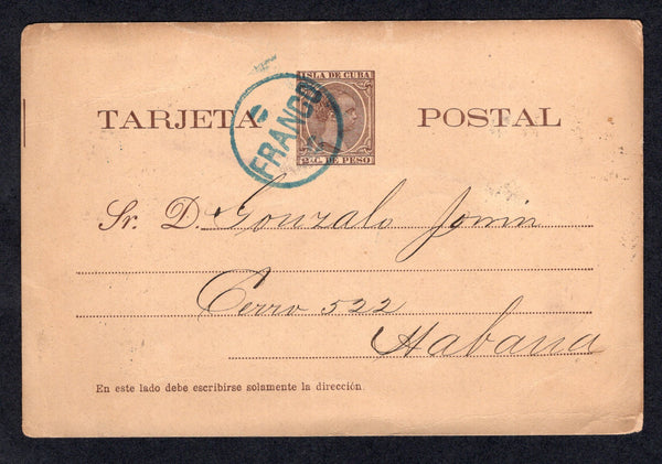 CUBA - 1894 - POSTAL STATIONERY & CANCELLATION: 2c dark brown on buff 'Babyhead' postal stationery card (H&G 26) used with fine strike of undated circular 'FRANCO' cancel in blue (normally used on printed papers & newspapers) with HABANA cds in blue dated 30 NOV 1894 on reverse. Addressed locally within HAVANA with transit and arrival cds's on reverse.  (CUB/37382)