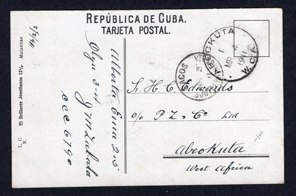 CUBA - 1911 - DESTINATION: Colour PPC 'Rio de San Juan, Matanzas, Cuba' franked on picture side with 1910 2c green & carmine (SG 313) tied by MATANZAS cds dated FEB 1911. Addressed to ABEOKUTA, WEST AFRICA with LAGOS SOUTHERN NIGERIA transit cds and ABEOKUTA W.C.A. arrival cds on message side.  (CUB/37395)