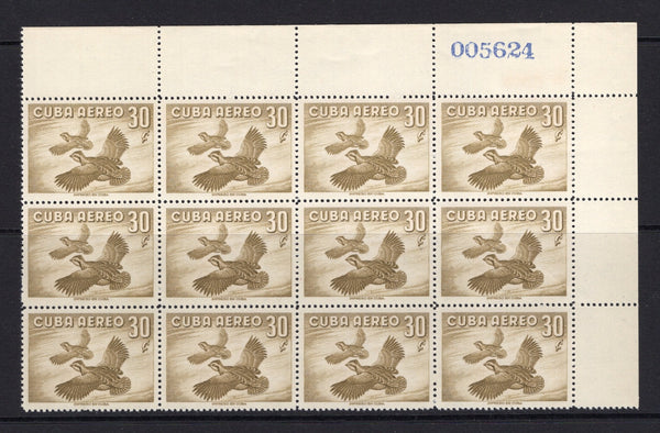 CUBA - 1956 - BIRD THEMATIC & MULTIPLE: 30c light bistre brown 'Northern Bobwhite' BIRD issue, a fine unmounted mint corner marginal block of twelve with '005624' sheet number handstamp in margin. (SG 778)  (CUB/37838)