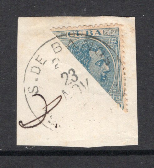 CUBA - 1888 - BISECT & CANCELLATION: 10c blue 'King Alfonso XII' issue the undated type diagonally BISECTED and tied on piece by good strike of S. DE BANOS cds. (SG 126)  (CUB/38125)