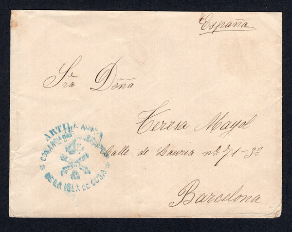 CUBA - 1899 - SPANISH AMERICAN WAR: Stampless Soldiers Letter from a Spanish soldier serving in Cuba with ARTILLERIA COMANCIA GRAL SUBINSCCION DE LA ISLA DE CUBA military cachet in blue on front depicting a crown and two crossed canons. Addressed to BARCELONA, SPAIN with partial arrival cds on reverse. Military mail from this campaign is very scarce.  (CUB/38179)