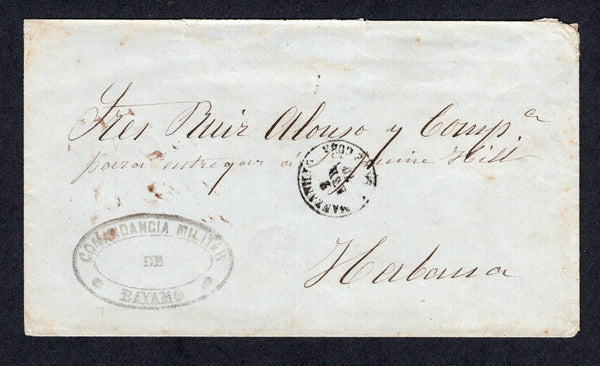 CUBA - 1870 - TEN YEARS WAR & MILITARY MAIL: Stampless official cover with oval 'COMANDANCIA MILITAR DE BAYAMO' marking on front with MANZANILLO cds dated 2 ABR 1870. Addressed to HAVANA. The Ten Years War ran from 1868 to 1878 and Bayamo was a focus point in the early years of the war. A scarce & unusual cover.  (CUB/38180)