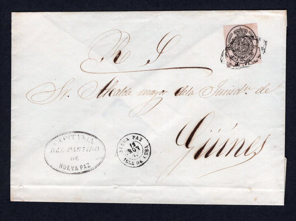 CUBA - 1867 - OFFICIAL MAIL: Official cover with manuscript 'R. S.' (Real Servicio) at top with undated oval 'CAPITANIA DEL PARTIDO DE NUEVA PAZ' cachet in black franked with Spain 1855 1o black on pale rose 'OFFICIAL' issue (SG O51), a fine four margin copy tied by 'Parrilla' cancel with small NUEVA PAZ cds dated 12 NOV 1867 alongside. Addressed to GUINES with arrival cds on reverse. A fine cover.  (CUB/38181)