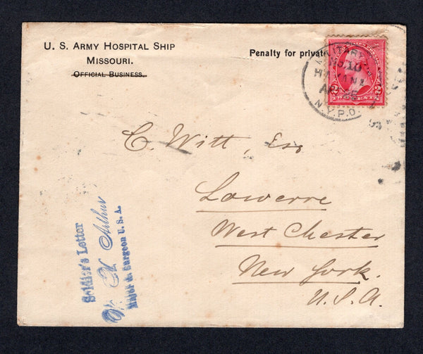 CUBA - 1899 - SPANISH AMERICAN WAR: Printed 'U.S. ARMY HOSPITAL SHIP MISSOURI' penalty envelope franked with USA 1898 2c rose red (SG 284) tied by good strike of MILITARY STN No. 10 HAVANA CUBA NYPO duplex cds dated APR 25 1899 with three line 'Soldier's Letter, W. H. Arthur, Major & Surgeon U.S.A.' handstamp in blue alongside. Addressed to USA with arrival mark on reverse. Fine & rare.  (CUB/38182)