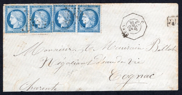 CUBA - 1873 - FRENCH POST OFFICES: Cover franked with France strip of four 1871 25c pale blue 'Ceres' issue (SG 198) cancelled by two strikes of the dotted diamond 'Ancre' cancel in black with fine strike of octagonal 'CUBA' cds dated 20 AUG 1873 and small boxed 'PD' alongside. Addressed to FRANCE with and sent via ST. THOMAS with fine strike of LIGNE-B PAQ FR No.2 French maritime cds on reverse dated 26 AUG 1873 along with French arrival cds. A superb and rare cover.  (CUB/38330)
