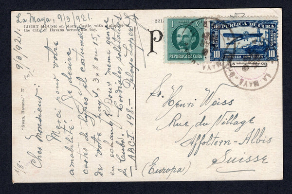 CUBA - 1921 - CANCELLATION & SPECIAL DELIVERY: Colour PPC 'Light House Across the Bay from Havana, Cuba' franked with 1914 10c deep blue 'Special Delivery' issue and 1917 1c green on message side tied by two strikes of LA MAYA - ORIENTE S.G.P. cds dated 9 MAR 1921 and with 1917 1c green and 2c rose red on picture side tied by a different LA MAYA duplex cds (SG E335, 336 & 337). Addressed to SWITZERLAND. An unusual card which appears to have been sent by special delivery.  (CUB/38522)