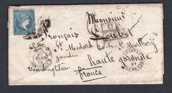 CUBA - 1864 - CLASSIC ISSUES: Complete folded letter franked with a three margin 1857 ½r blue 'Isabella' issue (SG 9a) tied by PARILLA cancel in black with fine MATANZAS cds dated 5 MAR 1864 alongside and light strike of HAVANA British P.O. cds on reverse. Addressed to FRANCE with boxed 'GB 1F 60c' accountancy mark and CALAIS arrival cds on front. Reverse bears LONDON transit cds in blue and further French arrival marks. A very scarce issue going overseas.  (CUB/39039)