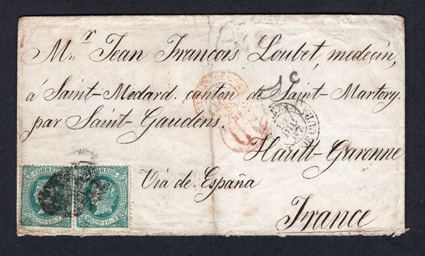 CUBA - 1867 - CLASSIC ISSUES: Cover franked with pair 1867 20c green 'Isabella' issue dated '1867' (SG 26) tied by PARILLA cancel in black with MATANZAS cds alongside dated 14 DEC 1867 and large double framed '5c' in black and oval 'P.D.' in red. Addressed to FRANCE with various transit & arrival marks on front & reverse. Original letter enclosed. Cover a little worn in places.  (CUB/39040)