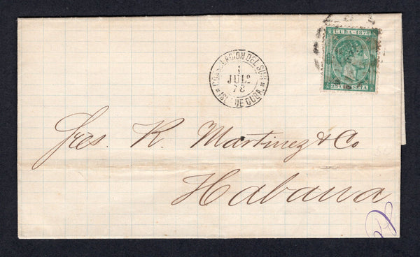 CUBA - 1878 - CANCELLATION: Complete folded letter franked with 1878 25c bluish green 'King Alfonso XII' issue (SG 76a) tied by dumb 'Cork' cancel with fine strike of CONSOLACION DEL SUR cds alongside dated I JULO 1878. Addressed to HAVANA with arrival cds on reverse.  (CUB/39043)