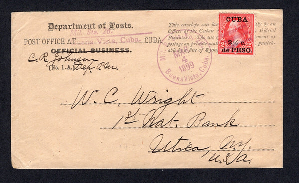 CUBA - 1899 - SPANISH AMERICAN WAR: Printed 'Department of Posts' envelope with 'Mil. Sta. 26. Buena Vista, Cuba.' handstamp in purple (the only recorded strike of this marking) franked with 1899 2½c on 2c red 'US Occupation' overprint issue (SG 248a) tied by fine strike of MIL. P. STA No. 26 BUENA VISTA, CUBA cds in purple dated MAR 4 1899. Addressed to USA with arrival cds on reverse. A superb and rare item. Ex Kouri.  (CUB/39046)