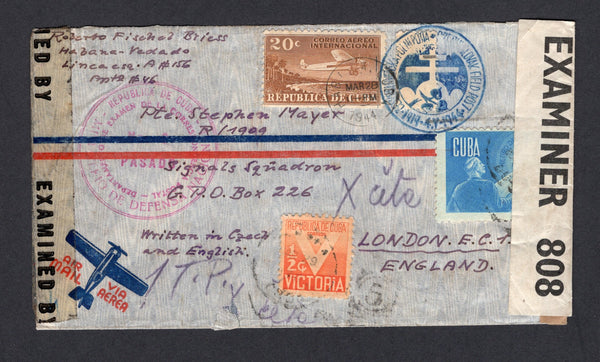 CUBA - 1944 - UNDERCOVER MAIL: Airmail cover franked with 1931 20c brown AIR issue, 1942 ½c orange 'Red Cross Fund' TAX issue and 1943 5c bright blue 'Postal Employees' TAX issue (SG 380, 458 & 472) tied by HABANA cds's dated MAR 28 1944 with two strikes of CZECHOSLOVAK FIELD POST 4V 1944 cachet in blue on front & reverse. Addressed to 'Pte Stephen Mayer R/1909 Signals Squadron, G.P.O. Box 226, London E.C.1. England' the undercover address for the Czech Army in Exile. Censored in Cuba, the USA and UK with 