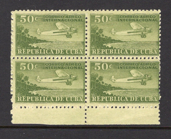 CUBA - 1931 - MULTIPLE: 50c olive green 'International Airmail' issue, a fine mint bottom marginal block of four. (SG 383)  (CUB/39431)