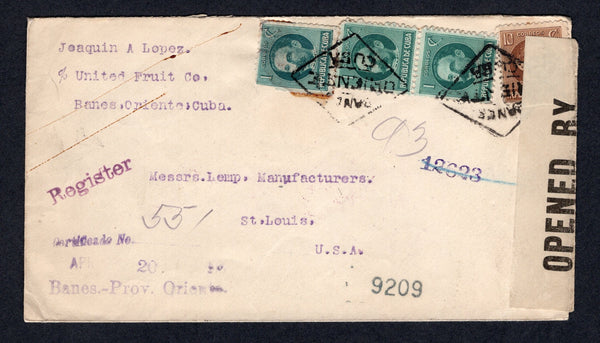 CUBA - 1918 - CANCELLATION & REGISTRATION: Registered, censored cover with typed 'Joaquin A Lopez, c/o United Fruit Co. Banes, Oriente, Cuba' return address on front franked with 1917 3 x 1c green and 10c bistre brown 'Portrait' issue (SG 336 & 341) tied by two strikes of undated 'Diamond' BANES ORIENTE CUBA cancel in black with three line 'Certificado No. Banes - Prov Oriente' registration marking alongside. Addressed to USA, censored with printed censor label at right and various transit & arrival marks 