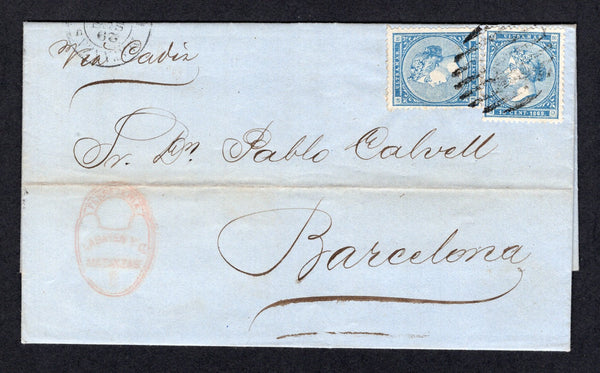 CUBA - 1868 - CLASSIC ISSUES: Complete folded letter franked with 2 x 1868 10c blue 'Isabella' issue dated '1868' (SG 29) tied by 'Bars' cancel in black with MATANZAS cds alongside (struck slightly off the top edge of the cover). Addressed to SPAIN. Very fine.  (CUB/39769)