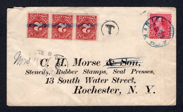 CUBA - 1899 - SPANISH AMERICAN WAR & POSTAGE DUE: Cover franked with USA 1898 2c rose pink (SG 284c, with fault at top) tied by fine strike of MARIEL '154' ISLA DE CUBA cds in blue dated 27 JAN 1899. Addressed to USA and taxed on arrival with circular 'T' and NY DUE 6c 'Opera Glass' TAX marking on front with added strip of three 1894 2c lake 'Postage Due' issue applied and cancelled with blue crayon. Cover has HAVANA transit cds and USA arrival mark on reverse. Very scarce. Ex Kouri.  (CUB/39771)