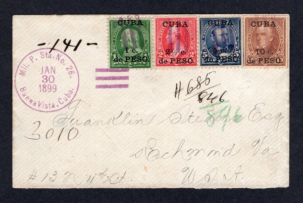 CUBA - 1899 - SPANISH AMERICAN WAR: Registered cover franked with 1899 1c on 1c yellow green, 2½c on 2c red, 5c on 5c deep blue and 10c on 10c brown 'US Occupation' overprint issue (SG 246, 248, 250 & 251) tied by 'Bars' cancels in purple with superb strike of MIL. P. STA. No. 26. BUENAVISTA, CUBA cds in purple dated JAN 30 1899 alongside with manuscript '-141-' registration marking. Addressed to USA with RICHMOND & JACKSONVILLE registered arrival marks on reverse. A superb & rare exhibition piece. Ex Kour