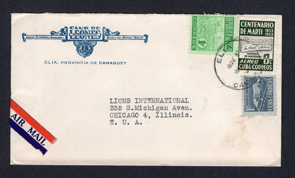 CUBA - 1953 - CANCELLATION: Printed 'Club de Leones Internacional - Elia, Province de Camaguey' cover franked with 1950 1c green, 1953 8c black & deep green and 1952 1c indigo TAX issue (SG 537, 655 & 583) tied by fine ELIA CAMAGUAEY cds dated NOV 1953. Sent airmail to USA.  (CUB/40046)