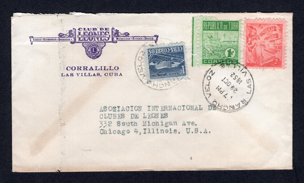 CUBA - 1952 - CANCELLATION: Printed 'Club de Leones Internacional - Corralillo, Las Villas, Cuba' cover franked with 1950 1c green & 2c scarlet and 1952 1c indigo TAX issue (SG 537/538 & 583) tied by two fine strikes of RANCHO VELOZ LAS VILLAS cds dated 29 OCT 1952. Addressed to USA with HAVANA transit cds on reverse.  (CUB/40047)