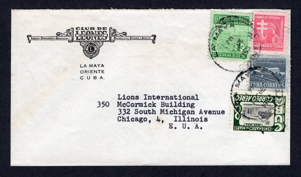 CUBA - 1953 - CANCELLATION: Printed 'Club de Leones Internacional - La Maya, Oriente, Cuba' cover franked with 1950 1c green, 1953 8c black & deep green, 1952 1c indigo TAX issue and 1953 1c carmine rose TAX issue (SG 537, 656, 583 & 676) tied by LA MAYA ORIENTE cds's dated 3 JAN 1953. Addressed to USA.  (CUB/40048)