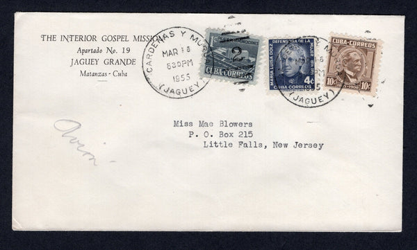 CUBA - 1955 - TRAVELLING POST OFFICES: Cover with printed 'The Interior Gospel Mission, Jaguey Grande, Matanzas, Cuba' return address on front franked with 1954 10c bistre brown, 4c chalky blue and 1c indigo TAX issue (SG 681, 719 & 583) tied by two fine strikes of CARDENAS Y MURGA (JAGUEY) '2' duplex cds of the travelling post office dated MAR 15 1955. Addressed to USA.  (CUB/40067)