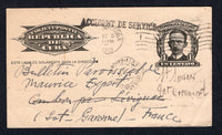 CUBA - 1919 - DISASTER MAIL: 1c black postal stationery card (H&G 39) used with HABANA machine cancel dated DEC 5 1919. Addressed to FRANCE with straight line 'ACCIDENT DE SERVICE' cachet in black on front with French transit & arrival marks on front & reverse. This card was sent on the 'SS Imperator' which sailed from New York on 11th December and experienced severe storms while at sea resulting in the mail and cargo being damaged. The ship arrived at Southampton on 25th December where mail was forwarded.