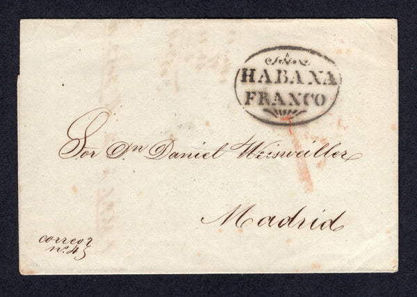 CUBA - 1847 - PRESTAMP & DISINFECTED MAIL: Circa 1847. Cover with manuscript 'correo no.4' in bottom left corner with fine strike of fancy oval HABANA FRANCO marking in black on front. Addressed to MADRID, SPAIN with a single Disinfection slip in centre of cover and 'JL. 12 7' arrival mark in red on reverse.  (CUB/40448)