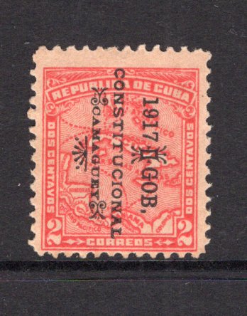 CUBA - 1917 - INSURRECTION ISSUE: 2c carmine 'Map' issue with '1917 GOB CONSTITUCIONAL CAMAGUEY' overprint of the 'La Chambelona' revolution where Liberal forces attempted to take over the government but were only successful in Camaguey for the period 11th Feb - 26th Feb 1917 before being defeated. Unused without gum and a little toned but very scarce. (A Page of information on the issue from an international exhibit accompanies).  (CUB/40553)