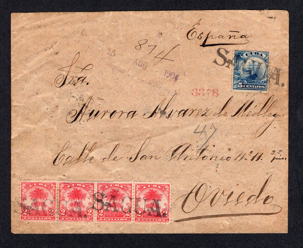 CUBA - 1904 - REGISTRATION & CANCELLATION: Registered cover franked with 1899 strip of four 2c carmine red and 5c deep blue 'US Occupation' issue (SG 302 & 304) tied by three superb strikes of straight line 'SAGUA' cancel in black with light strike of the unframed 'Sagua Certificado' registration marking in purple alongside. Addressed to SPAIN with transit & arrival marks on reverse.  (CUB/40662)