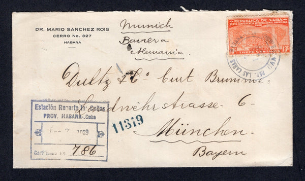 CUBA - 1929 - REGISTRATION: Registered cover franked with single 1928 13c orange 'Pan-Am Conference' issue (SG 359) tied by REP. LAS CANAS HABANA CANCELADO cds dated 7 FEB 1929 with boxed 'ESTACION REPARTO LAS CANAS PROV. HABANA. CUBA' registration marking in black alongside. Addressed to GERMANY with transit & arrival marks on reverse. A lovely single 13c franking.  (CUB/40878)