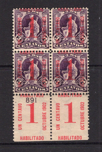 CUBA - 1902 - VARIETY: 1c on 3c purple 'HABILITADO UN CENTAVO OCTUBRE 1902' overprint issue, a fine mint bottom marginal block of four with variety two additional overprints applied on the sheet margin. (SG 306)  (CUB/41295)