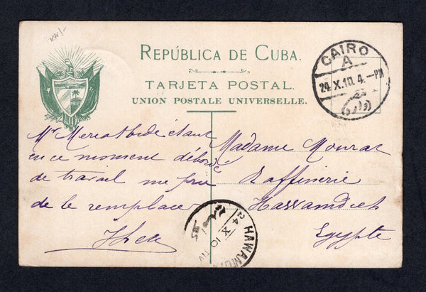 CUBA - 1910 - DESTINATION: Colour PPC 'Santiago de Cuba El Morro' franked on picture side with 1910 2c green & carmine (SG 313) tied by SANTA LUCIA ORIENTE cds dated 30 SEP 1910. Addressed to EGYPT with CAIRO transit cds and HAWAMUTA arrival cds both on message side.  (CUB/41495)