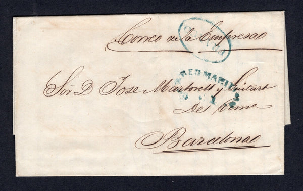 CUBA - 1846 - TRANSATLANTIC MAIL & MARITIME: Complete folded letter datelined 'Habana 11 Novbre 1846' and with manuscript 'Correo de la Empresa' on front with good strike of oval unframed CORREO MARITIMO No.1 marking in blue with oval 'FRANCO' marking alongside also in blue. Addressed to BARCELONA, SPAIN. Very clean and attractive.  (CUB/41548)