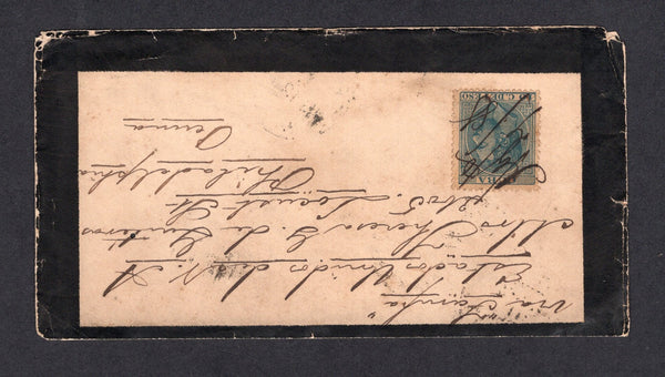 CUBA - 1888 - CANCELLATION: Mourning cover from HAVANA franked with single 1888 10c blue 'Alfonso XII' issue (SG 126) tied by manuscript 'AGOST 88' cancel and light HAVANA cds on reverse. Addressed to USA with various transit and arrival marks on reverse. Some peripheral faults but an unusual cover.  (CUB/8623)
