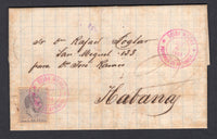 CUBA - 1884 - CANCELLATION: Folded letter written from Pueblo San Jose, Matanzas (datelined inside) franked with 1882 5c dull lavender 'Alfonso XII' issue (SG 100) tied by fine strike of CEIBA MOCHA PROVINCIA DE MATANZAS cds in bright pink with second strike alongside. Addressed to HAVANA with large oval CARTERIA MAYOR HABANA marking in purple and arrival cds on reverse. Some light toning but very rare.  (CUB/8628)