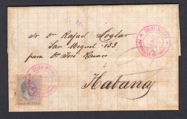 CUBA - 1884 - CANCELLATION: Folded letter written from Pueblo San Jose, Matanzas (datelined inside) franked with 1882 5c dull lavender 'Alfonso XII' issue (SG 100) tied by fine strike of CEIBA MOCHA PROVINCIA DE MATANZAS cds in bright pink with second strike alongside. Addressed to HAVANA with large oval CARTERIA MAYOR HABANA marking in purple and arrival cds on reverse. Some light toning but very rare.  (CUB/8628)