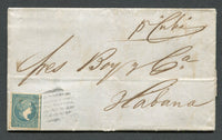 CUBA - 1859 - CLASSIC ISSUES: Folded letter from SANTIAGO DE CUBA franked with 1857 ½r greenish blue 'Isabella' issue (SG 9) tied by barred oval cancel. Addressed to HAVANA endorsed 'pr Cuba' sent by sea by the coastal shipping route.  (CUB/8629)