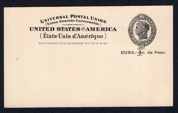 CUBA - 1904 - POSTAL STATIONERY: Perforated '1' on 2c de Peso black on light buff postal stationery card (H&G 38). A fine unused copy. Scarce.  (CUB/8634)