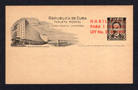 CUBA - 1959 - POSTAL STATIONERY: 1c on 3c black on buff postal stationery card (H&G 43) with 'HABILITADA PARA 1 CENTAVO LEY No.31 DE 1959' overprint in red. A fine unused example.  (CUB/8637)