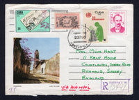 CUBA - 1974 - POSTAL STATIONERY: 3c pink 'Jose Marti' postal stationery envelope (H&G Unlisted) with coloured view of 'Las Villas Trinidad' used with added 1963 1c black & pink, 1973 10c multicoloured and 1974 30c multicoloured (SG 1075, 2019 & 2119) all tied by HABANA cds's dated 02 08 1974. Sent registered airmail to UK with transit marks on reverse.  (CUB/8643)