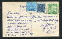 CUBA - 1952 - MARITIME MAIL: Coloured PPC 'Habana Avenida del Puerto - Port Avenue' franked on message side with 1948 1c green and 1952 1c indigo TAX issue (SG 511 & 583) plus small dark blue on light blue 'MAILED ON BOARD CRUISE LINER S S SILVERSTAR' cinderella label attached and tied alongside stamps by HABANA roller cancel. Addressed to USA.  (CUB/8660)