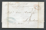 CUBA - 1843 - FORWARDING AGENT: Stampless cover from HAVANA with firms cachet in blue on front endorsed 'pr Siddons Cap Cobb via Liverpool'. Forwarded via New York with small oval LUIS BRAMSEN NEW YORK marking in red with date added in manuscript. Addressed to UK with large boxed LIVERPOOL SHIP marking on reverse with arrival cds in red. Cover has two vertical filing folds.  (CUB/8665)
