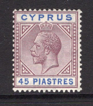 CYPRUS - 1921 - GV ISSUE: 45pi dull purple & ultramarine GV issue, a fine mint copy. (SG 99)  (CYP/10134)