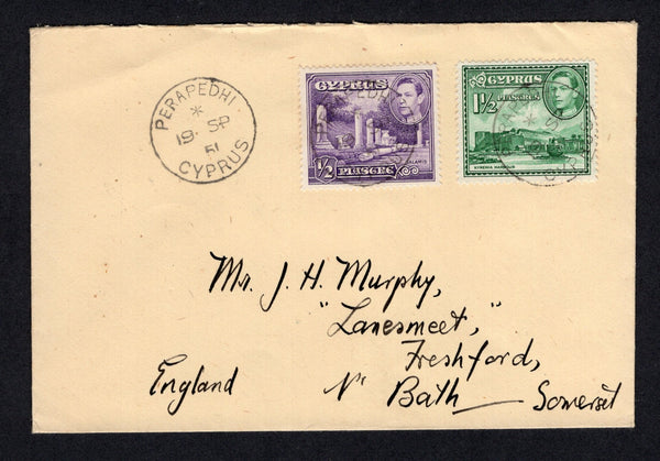 CYPRUS - 1951 - CANCELLATION: Cover franked with 1938 ½pi violet and 1½pi green 'GVI' issue (SG 152a & 155ab) tied by PERAPEDHI cds's with additional fine strike alongside. Addressed to UK with LIMASSOL & NICOSIA transit marks on reverse.  (CYP/10180)