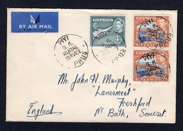 CYPRUS - 1952 - CANCELLATION & RURAL MAIL: Cover franked with 1938 pair ¼pi ultramarine & orange brown and 4½pi grey 'GVI' issue (SG 151 & 157) tied by multiple strikes of undated PIYI G.R. RURAL SERVICE CYPRUS cancel in black. Sent airmail to UK with blue airmail label on front and FAMAGUSTA transit cds on reverse.  (CYP/10184)