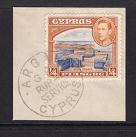 CYPRUS - Circa 1940 - CANCELLATION: ¼pi ultramarine & orange brown GVI issue tied on piece by fine strike of undated ARGAKI G.R. RURAL SERVICE CYPRUS cancel. (SG 151)  (CYP/17141)