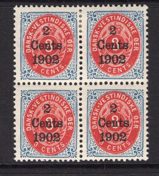 DANISH WEST INDIES - 1902 - MULTIPLE: 2c on 3c carmine & deep blue 'Numeral' issue with frame inverted, a fine mint block of four. (SG 46)  (DEN/24728)