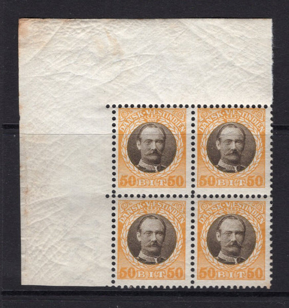 DANISH WEST INDIES - 1907 - MULTIPLE: 50b brown & yellow 'King Frederik VIII' issue, a fine mint corner marginal block of four. (SG 67)  (DEN/24732)