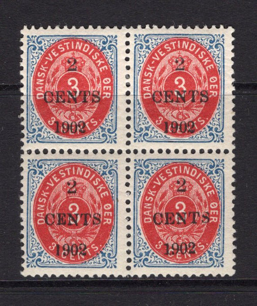 DANISH WEST INDIES - 1902 - VARIETY: 2c on 3c carmine & deep blue 'Numeral' issue with frame inverted, a fine mint block of four with bottom right stamp showing variety '2 OF 1902 WITH STRAIGHT FOOT. (SG 43 & 43b)  (DEN/26313)