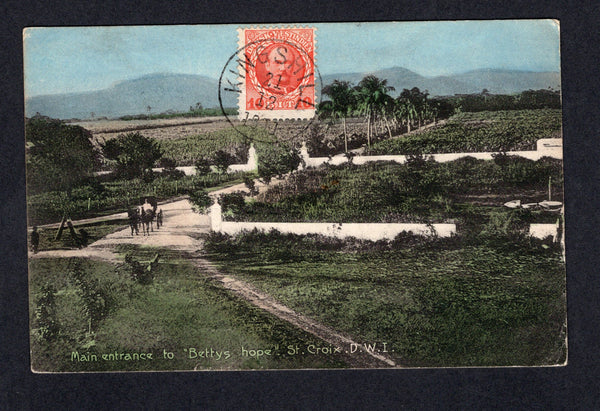DANISH WEST INDIES - 1911 - CANCELLATION: Colour PPC 'Main entrance to 'Betty's hope'. St Croix. D.W.I.' franked on message side with 1907 10b scarlet 'King Frederik VIII' issue (SG 61) tied by superb strike of KINGSHILL cds dated 21 12 1911. Commercially used to FRANCE with arrival cds on reverse. Fine & scarce origination.  (DEN/27249)