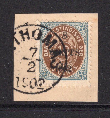 DANISH WEST INDIES - 1902 - PROVISIONAL ISSUE: 8c on 10c bistre brown & blue 'Numeral' issue, a superb used copy tied on piece by ST. THOMAS cds dated 7 2 1902. (SG 44)  (DEN/27351)